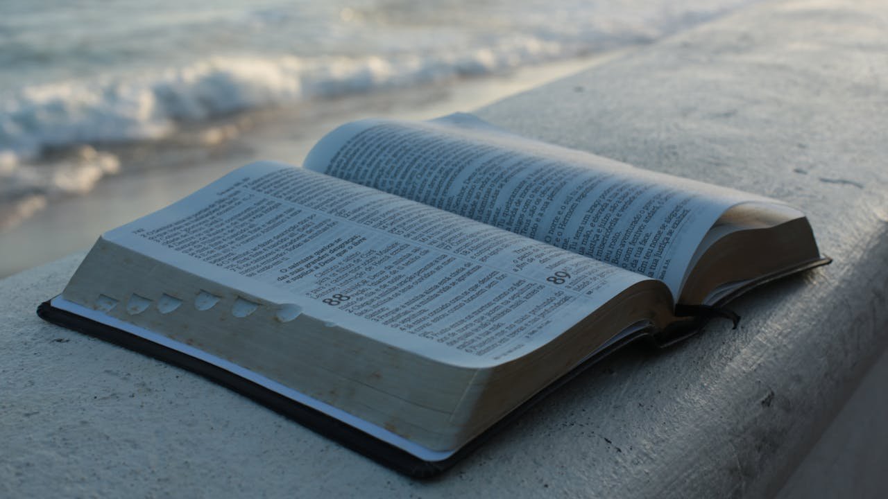 An open Bible on a concrete surface by the beach, evoking peace and reflection.