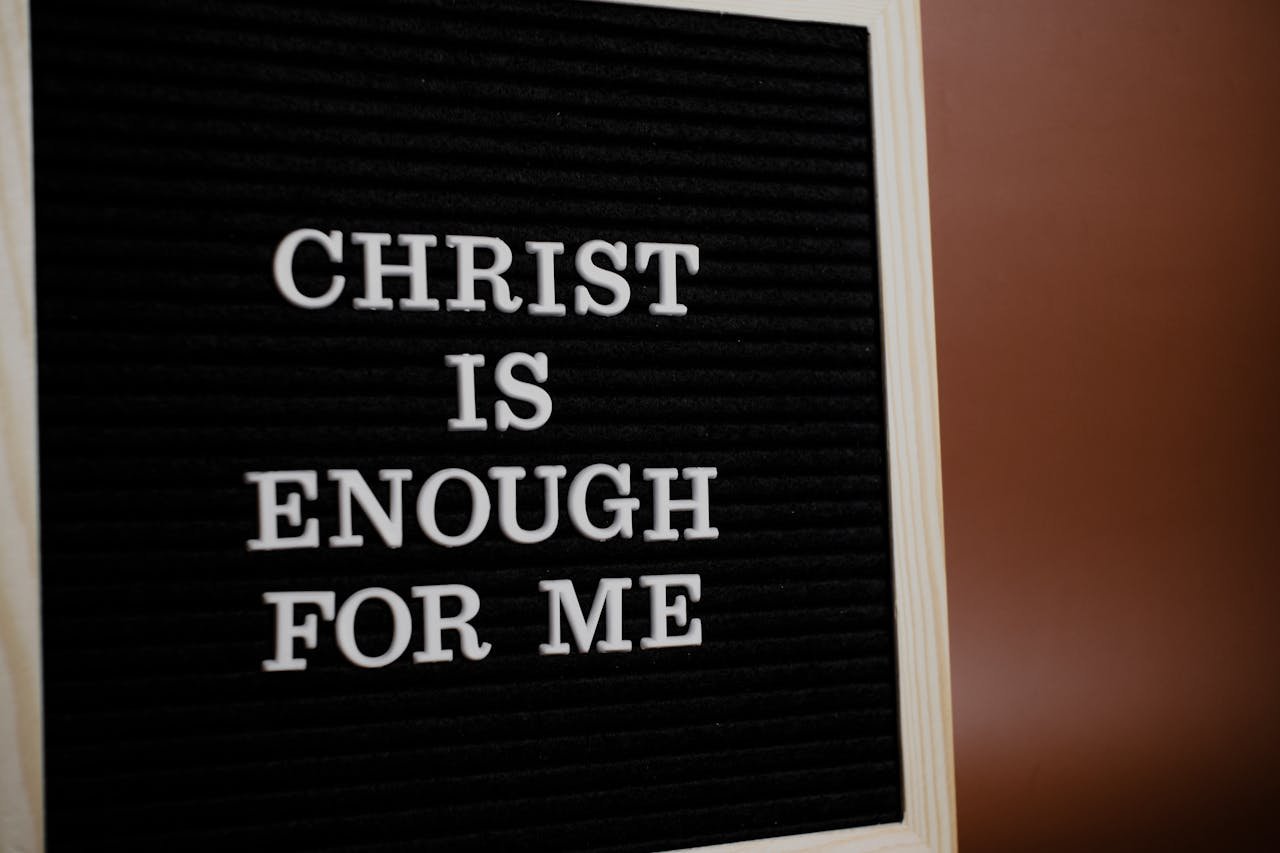 Close-up of an inspirational Christian message on a letter board expressing faith.